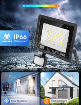 LED flood light with IP66 rating on a snowy background, showing outdoor use scenarios.